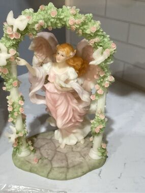 Angel Figurine with Floral Arch - Pink and Green Decorative Statue